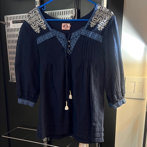 Juicy Couture Tops - Juicy Couture Navy Blue Blouse with Embroidered Details